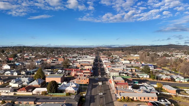 Regional Australian town main street from above on a clear day